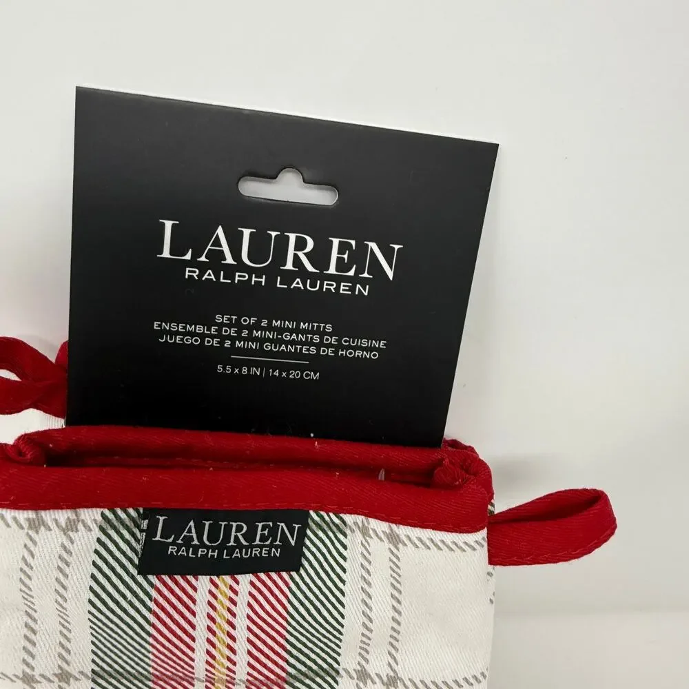 NWT Lauren Ralph Lauren Holiday Plaid Kitchen Set Mini Mitt & 2 Towels Christmas